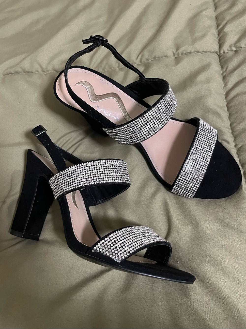 Nina Senta Rhinestone Heeled Ankle Strap Sandals Black